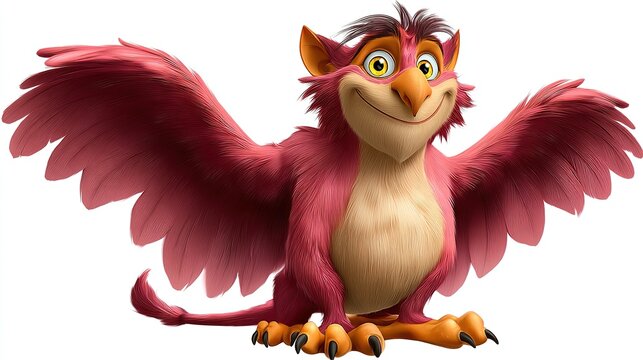 Fabulous Pink Gryphon: A whimsical pink gryphon, a mythical creature, poses with a cheerful expression and spread wings, ready for adventure.