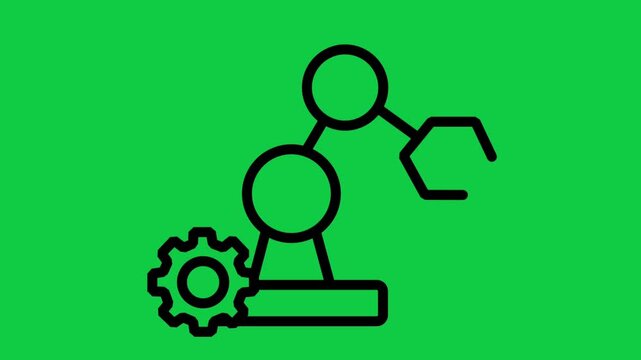 Industrial Robotic Arm Motion icon. Animated line icon depicting industrial robotic arm working beside gear for smart factory automation and modern manufacturing technology.