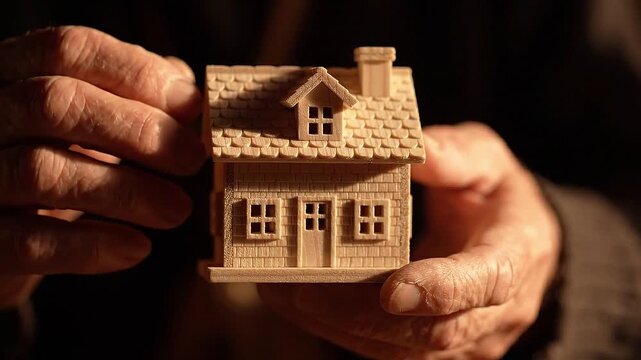 Older man holding and presenting a handcrafted miniature wooden house, symbolizing home ownership, family shelter, real estate, and future planning