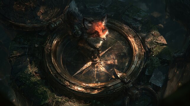 Small fox character standing on antique brass compass in forest