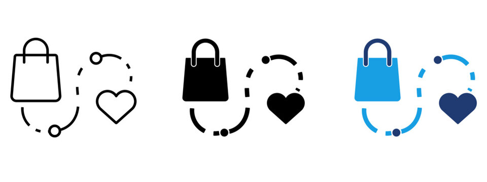 Shopping bag and heart route icon set. Symbol of online shopping journey, customer satisfaction, wishlist tracking, retail experience, e-commerce order, and brand love.
