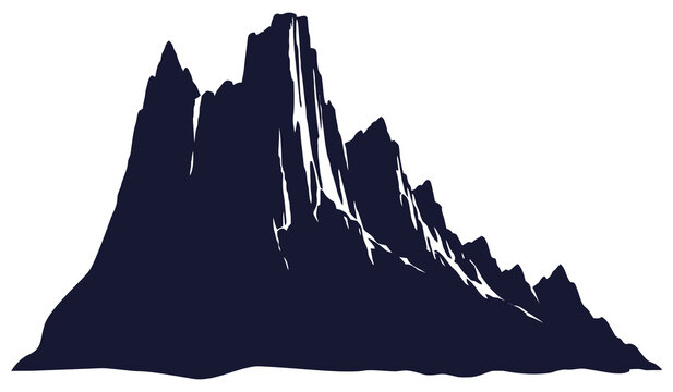 Dramatic dark mountain peak silhouette with sharp rocky ridges, rugged alpine cliff formation isolated on transparent background, graphic nature illustration