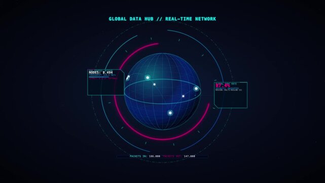 Futuristic digital globe interface showing global data hub and real time network connectivity.
