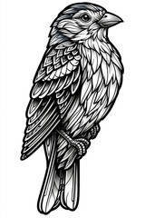Fototapeta premium Mandala bird coloring page, fantasy-inspired songbird with layered ornamental feathers, detailed black and white line work, adult coloring style., with a focus on magnificent aesthetics and quality