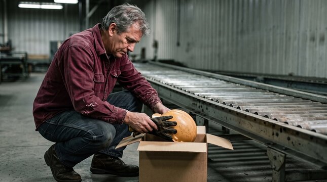 Displaced worker packs safety gear beside a silent conveyor