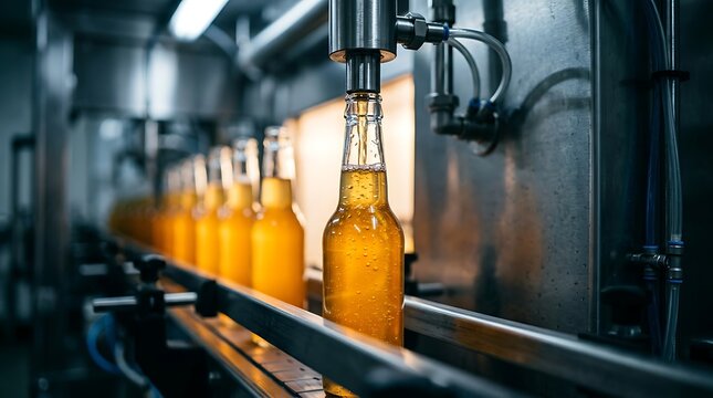 Industrial beer bottling line filling glass bottles isolated on transparent background. Great for manufacturing and.