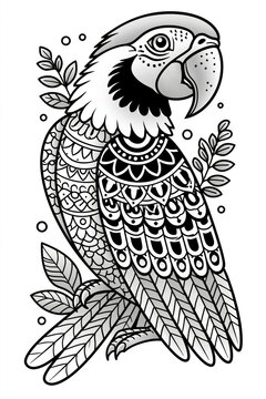 Stunning high-resolution capture featuring Mandala pets coloring page, decorative parrot pet with elaborate feather mandala patterns and ornamental accents, monochrome coloring page.
