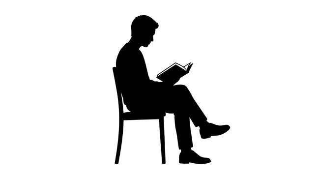 Silhouette of a man sitting and reading a book on a chair, isolated