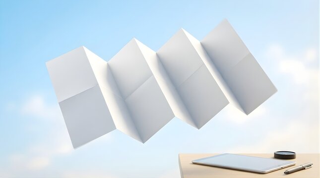 Blank white accordion fold brochure floating in air above wooden desk