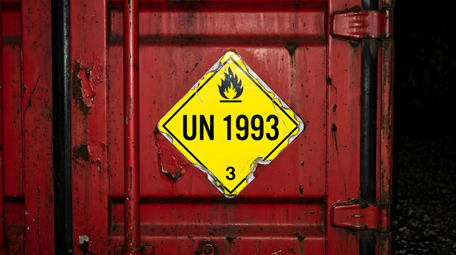 Yellow UN 1993 Class 3 Flammable Liquid Warning Placard on Red Container.