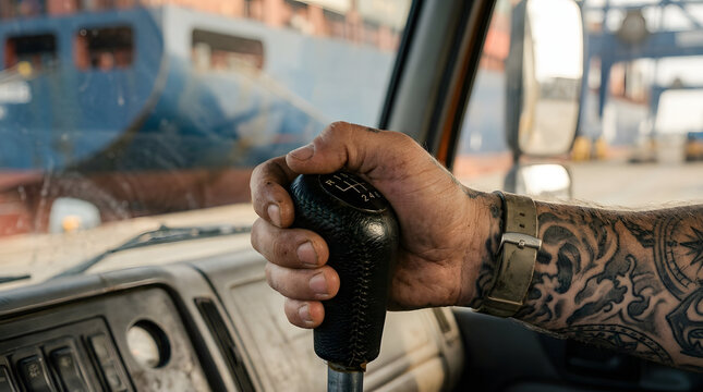 Tattooed arm and hand of a truck driver holding a gear shift.