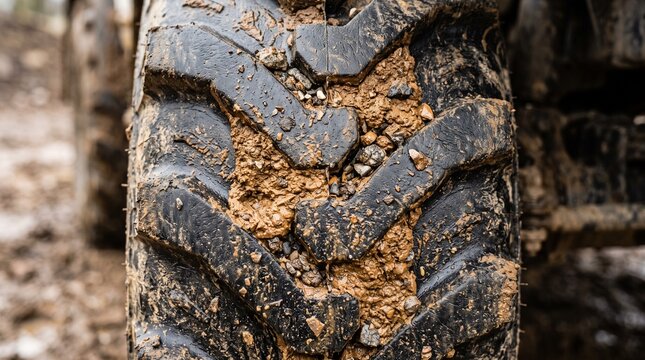 Close up view of a muddy off road tire tread with dirt and soil.