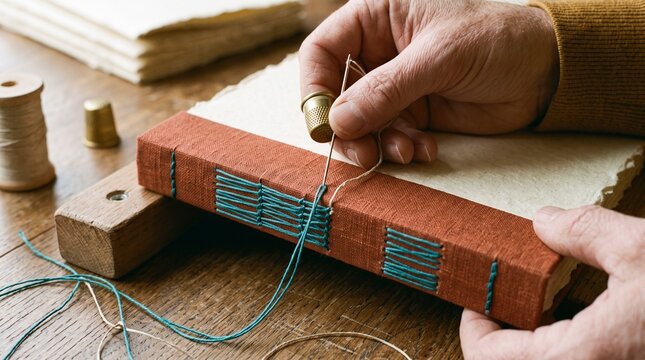 Hand stitching bright journal pages at an artisan bindery