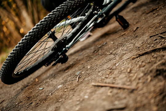 Low angle shot of bicycle wheel on forest ground path. Off road cycling adventure and cardio training in nature.