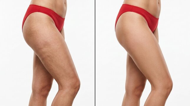 Female legs and thighs before and after cellulite treatment showing smooth toned skin transformation