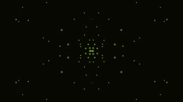 Abstract digital pattern with symmetrical green dots on dark background
