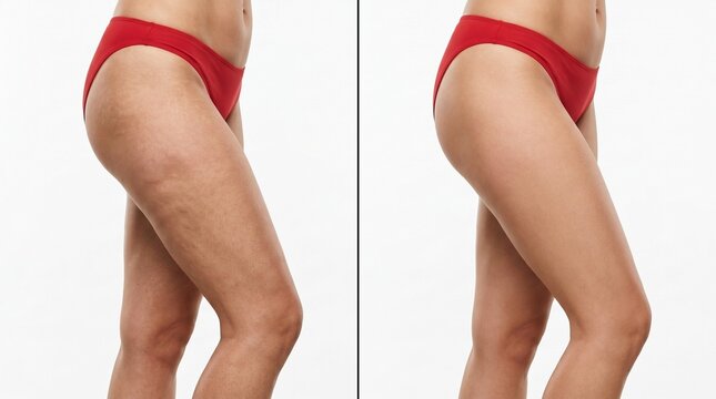 Comparison of Female Thighs Before and After Cosmetic Cellulite Reduction Treatment Showing Skin Texture Improvement and Smoother Results