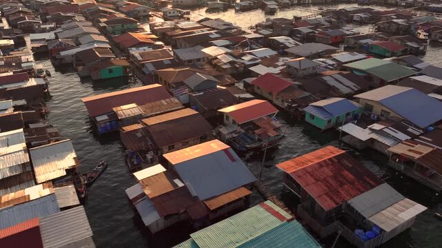 Bajau Laut Floating VIllage, A close up detailed shot. A Big Sea Gypsies Community in Sabah, Malaysia. Aerial View Asia.
