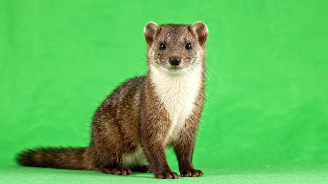 weasel standing upright on its hind legs against a perfectly uniform bright green chroma key background
