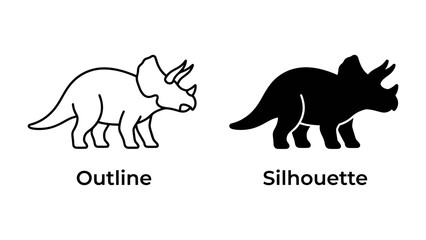 Dinosaur Icon Duo: A clear outline and bold silhouette of a triceratops dinosaur, showcasing two distinct graphic representations of the ancient creature. © hammad