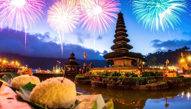 Balinese water temple under fireworks at evening twilight.