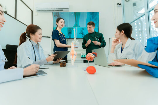 Group of diverse medical doctors and specialists discussing anatomical models during clinical seminar
