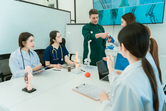Group of diverse medical doctors and specialists discussing anatomical models during clinical seminar
