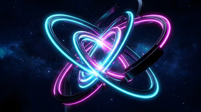 Glowing neon rings orbiting in deep space with light flares and stars