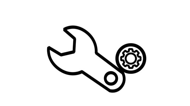 Wrench and Gear Motion icon. Animated line icon showing mechanical wrench with gear wheels representing system maintenance, technical settings, engineering service, and repair.
