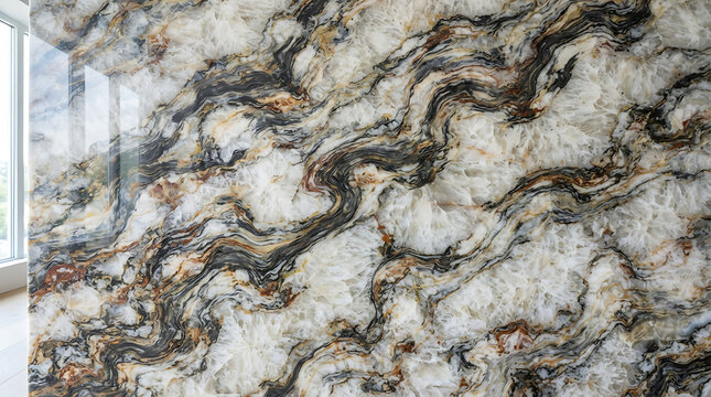 Natural marble stone slab with white black and gold veins for luxury interior wall decoration