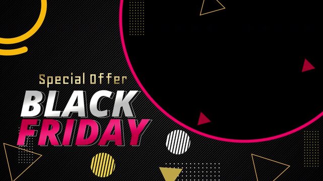 Black Friday promotional video overlay template featuring bold black, gold, and red geometric design elements. Includes a transparent circular frame placeholder for custom media insertion