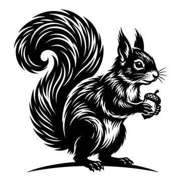 Cute squirrel holding an acorn black and white vector graphic illustration wildlife nature rodent animal with squirrel wildlife illustration monochrome