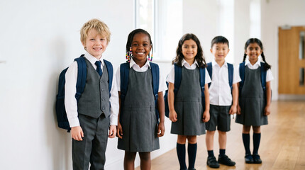 Fototapeta premium School children in grey uniforms stand in a corridor line and smile.