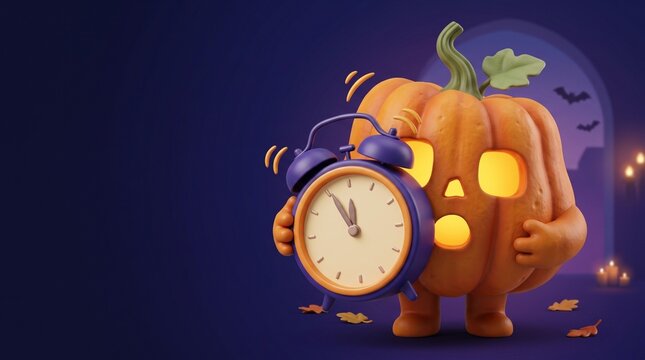 Cute 3D Halloween Pumpkin Holding a Large Alarm Clock