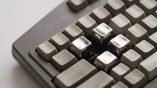 A close-up view of an old computer keyboard resting on a clean surface. The keycaps shine with age, revealing a story of countless uses. Soft light enhances their metallic finish.