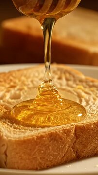Golden honey dripping onto toasted bread slice.