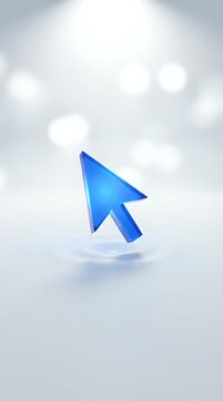 Glossy blue cursor arrow icon floating on light background with soft