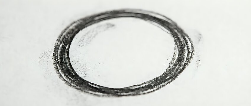 Hand-drawn charcoal circle on white paper, minimalist sketch