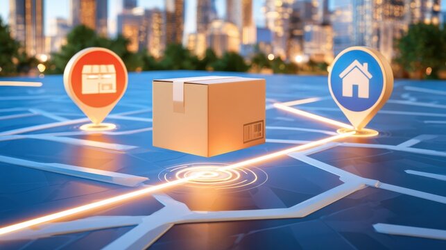 Parcel on glowing digital map between store and home icons showing last mile logistics concept