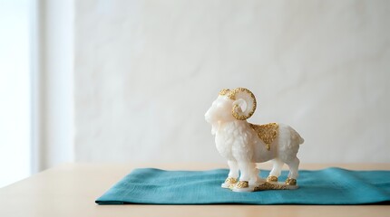 Fototapeta premium Alpaca figurine standing on turquoise fabric mat against white