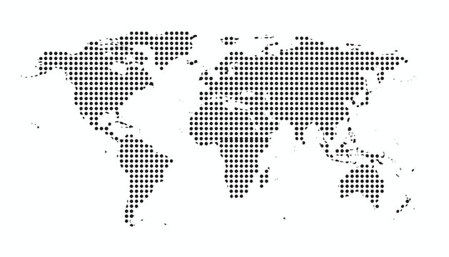 Minimalist world map composed of small black dots representing global connectivity on a clean white background.