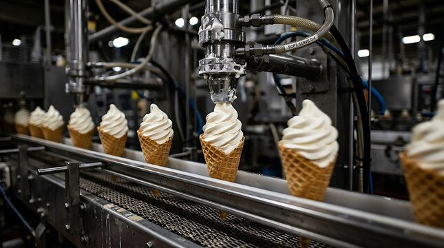 Industrial machine filling ice cream cones on a factory assembly line isolated on transparent background. Ideal for.