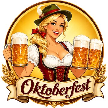 Oktoberfest girl holding beer mugs, traditional German festival celebration illustration