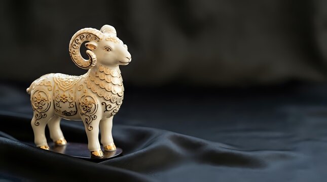 Ornate ram figurine with golden floral patterns on dark satin fabric