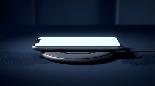 Smartphone charging on a wireless pad with glowing screen at night