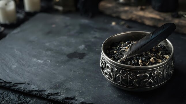 Ornate silver bowl filled with ash and wooden spoon on dark slate