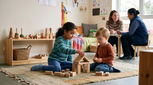 Children settle into a family relocation center activity space
