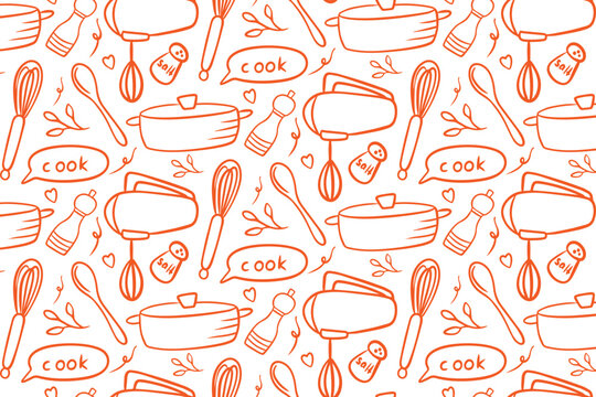 Cooking orange doodle pattern with pots whisks and kitchen utensils