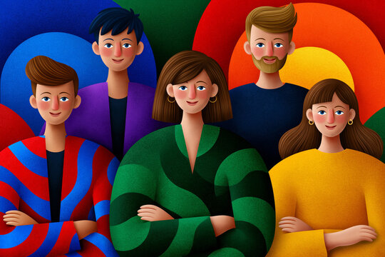Stunning high-resolution capture featuring illustration, diverse team members standing beneath layered abstract arches symbolizing belonging and accessibility, contemporary editorial poster aesthetic.