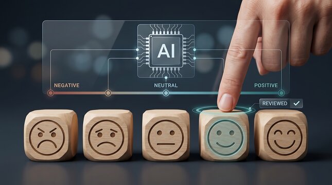 Hand Pressing Positive Feedback On AI Reviewed Sentiment Analysis Scale